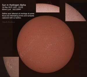 Sun in Hydrogen Alpha with close up of Prominences and Sunspots